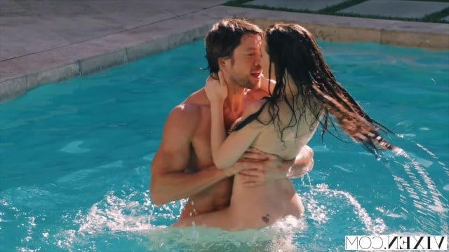 Boss catches naked brunette Lana Rhoades in his pool and fucks her hard