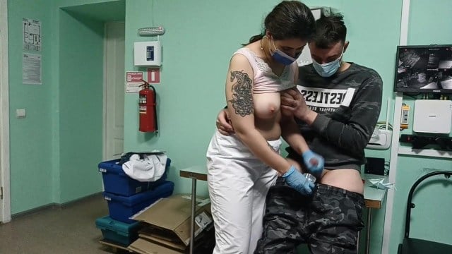 Busty nurse gives patient blowjob for sperm sample