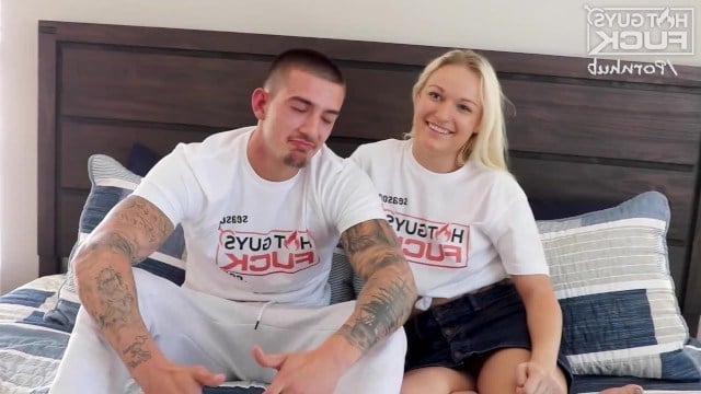 Tattooed couple fucks hard—deep throat and wet pussy action with blonde at casting